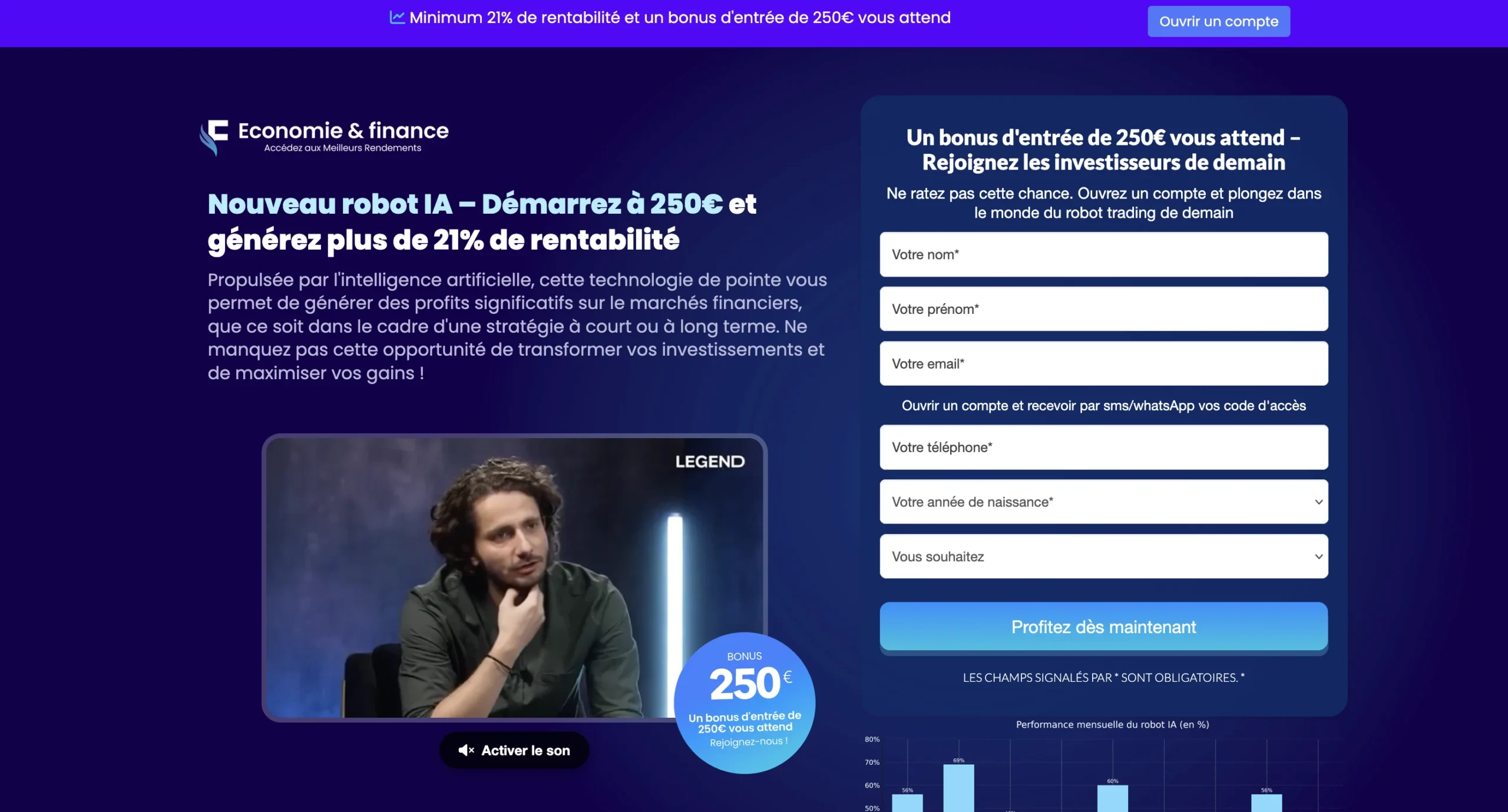 Capture d'écran d'une offre commerciale promettant une rentabilité de 21% et un bonus de 250 euros pour un outil d'investissements automatisés.